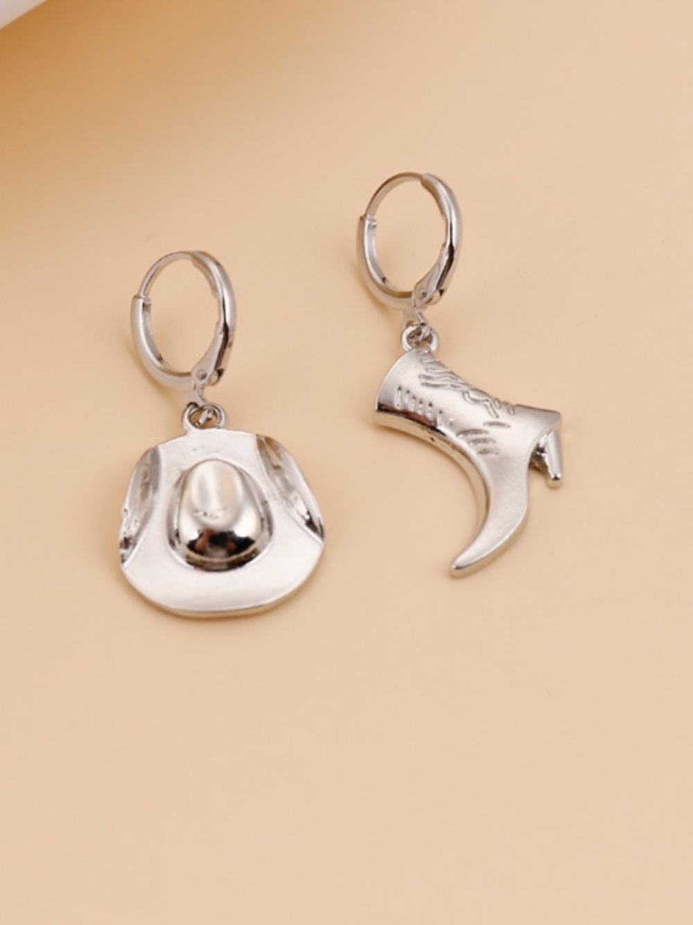 Silver Cowboy Hat & Boot Charm Hoop Earrings - Women Jewelry